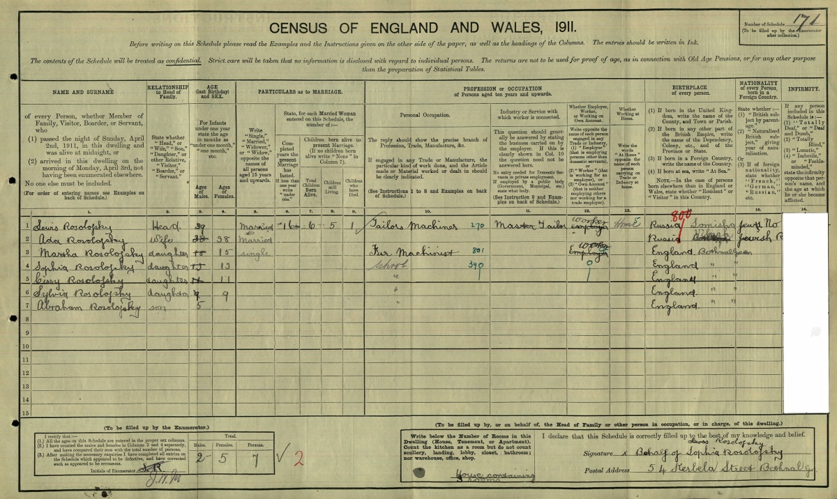 1911 UK Census for Lewis Rosolofsky